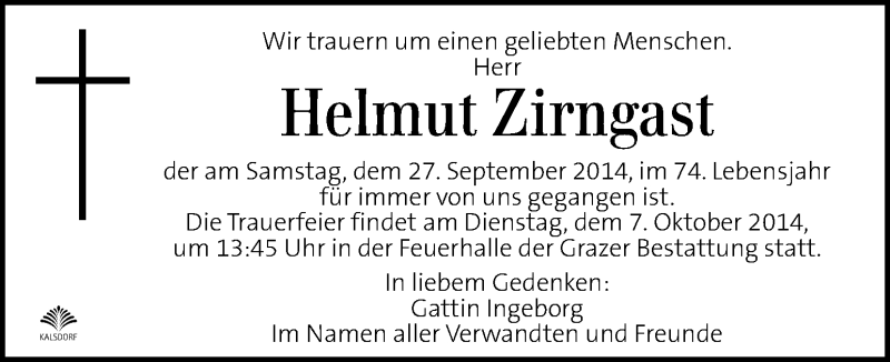  Traueranzeige für Helmut Zirngast vom 05.10.2014 aus Kleine Zeitung