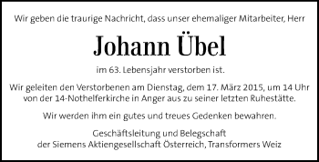 Traueranzeige von Johann Übel von Kleine Zeitung