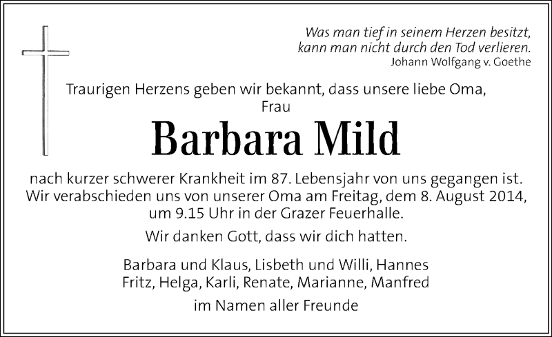  Traueranzeige für Barbara Mild vom 06.08.2014 aus Kleine Zeitung