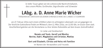 Traueranzeige von Anne Marie Wicher von Kleine Zeitung