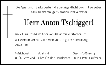 Traueranzeige von Anton Tschiggerl von Kleine Zeitung