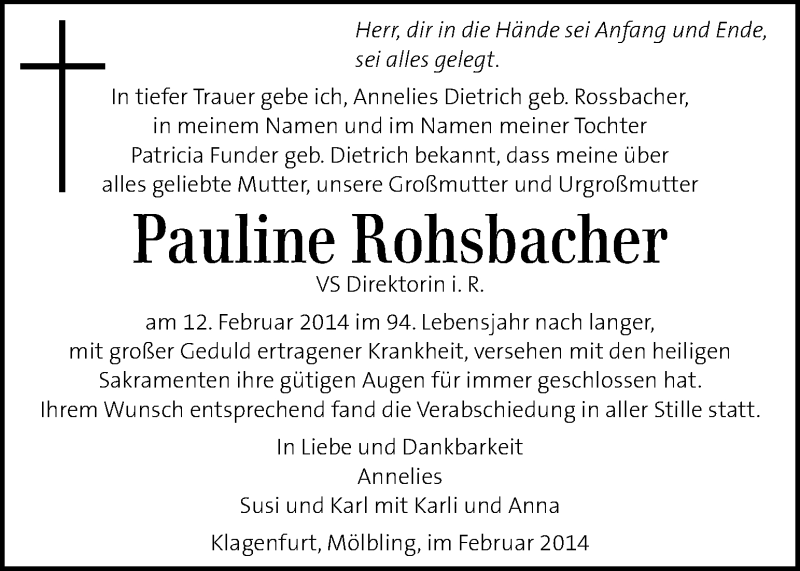  Traueranzeige für Pauline Rohsbacher vom 19.02.2014 aus Kleine Zeitung