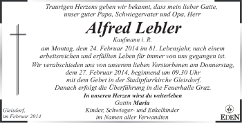 Traueranzeige von Alfred Lebler von Kleine Zeitung