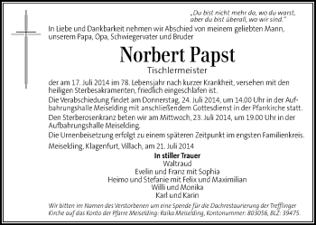 Traueranzeige von Norbert Papst von Kleine Zeitung