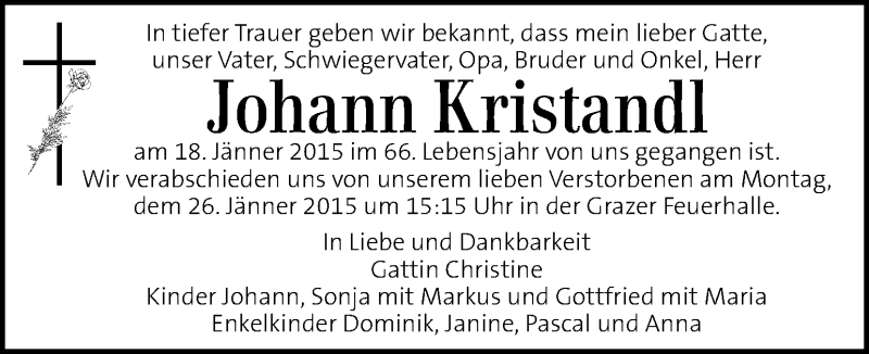  Traueranzeige für Johann Kristandl vom 23.01.2015 aus Kleine Zeitung