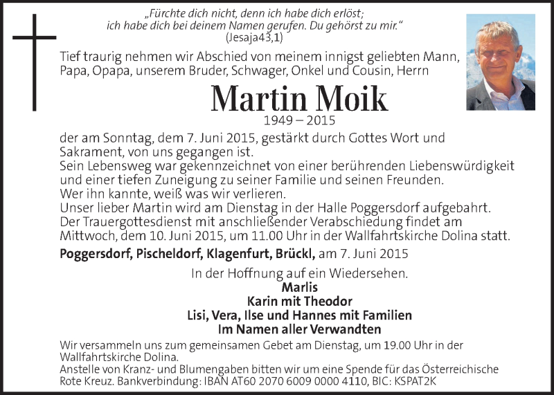  Traueranzeige für Martin Moik vom 09.06.2015 aus Kleine Zeitung
