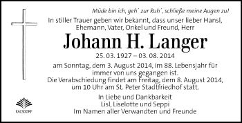 Traueranzeige von Johann H. Langer von Kleine Zeitung