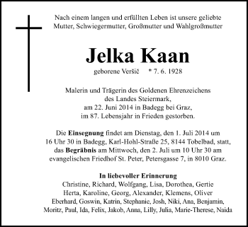 Traueranzeige von Jelka Kaan von Kleine Zeitung