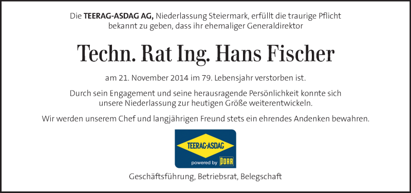  Traueranzeige für Hans Fischer vom 29.11.2014 aus Kleine Zeitung
