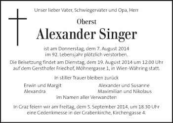 Traueranzeige von Alexander Singer von Kleine Zeitung