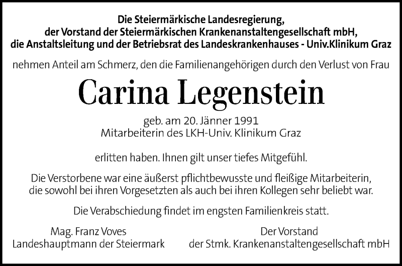  Traueranzeige für Carina Legenstein vom 30.05.2015 aus Kleine Zeitung