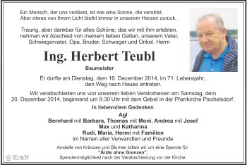 Traueranzeige von Herbert Teubl von Kleine Zeitung