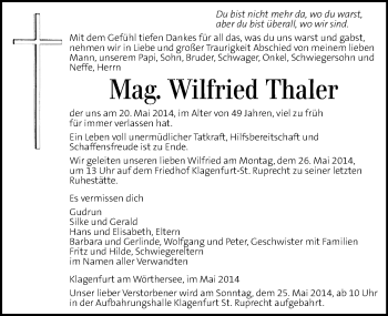 Traueranzeige von Wilfried Thaler von Kleine Zeitung