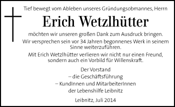 Traueranzeige von Erich Wetzlhütter von Kleine Zeitung