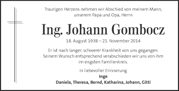 Traueranzeige von Johann Gombocz von Kleine Zeitung