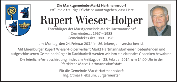 Traueranzeige von Rupert Wieser-Holper von Kleine Zeitung