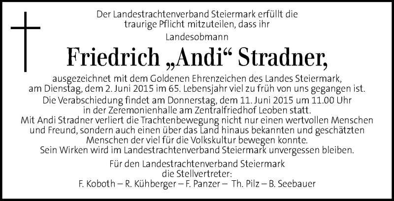  Traueranzeige für Friedrich Stradner vom 06.06.2015 aus Kleine Zeitung