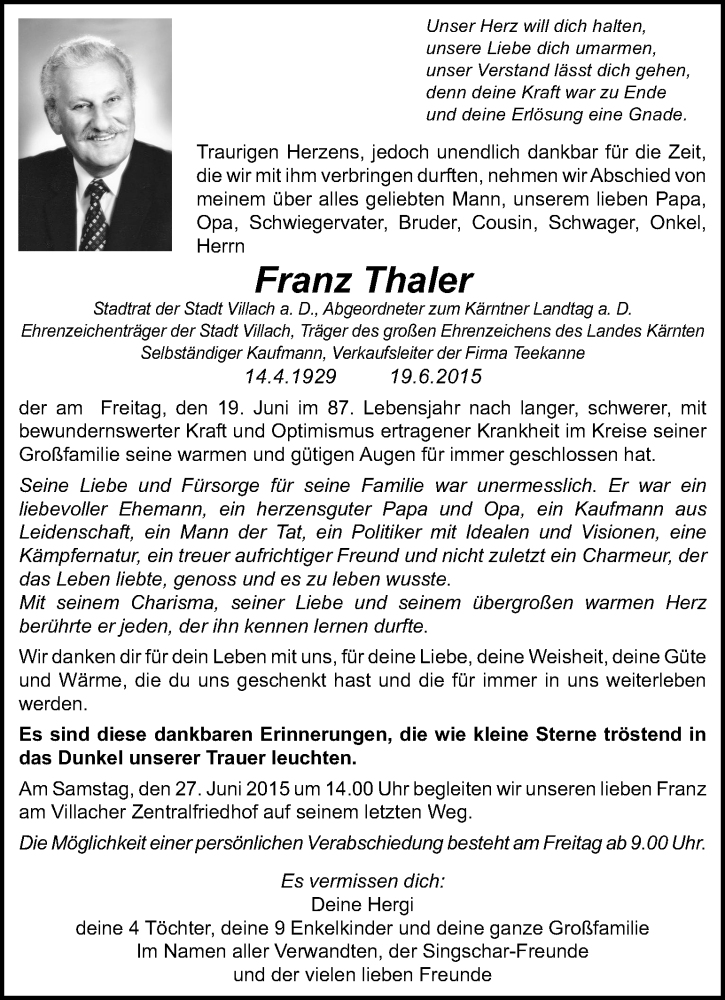  Traueranzeige für Franz Thaler vom 24.06.2015 aus Kleine Zeitung