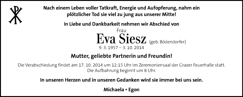  Traueranzeige für Eva Siesz vom 11.10.2014 aus Kleine Zeitung