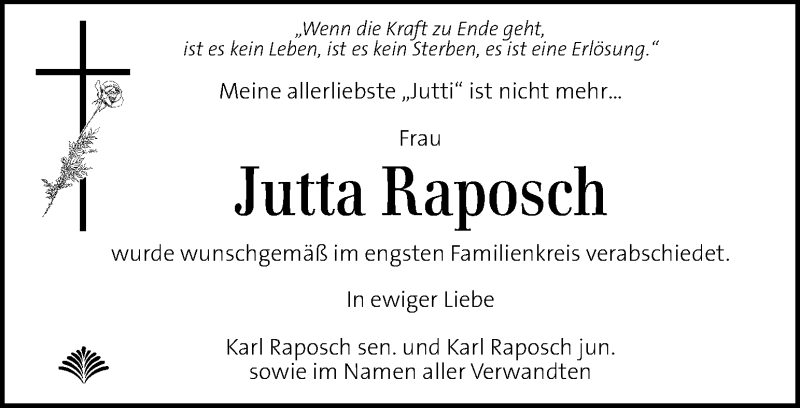  Traueranzeige für Jutta Raposch vom 16.07.2015 aus Kleine Zeitung