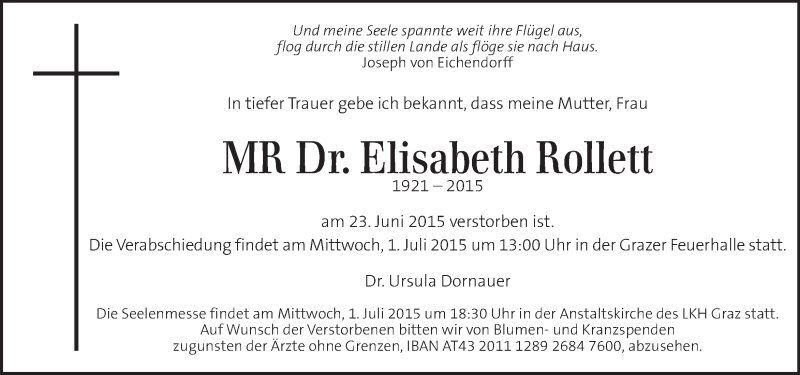  Traueranzeige für Elisabeth Rollett vom 27.06.2015 aus Kleine Zeitung