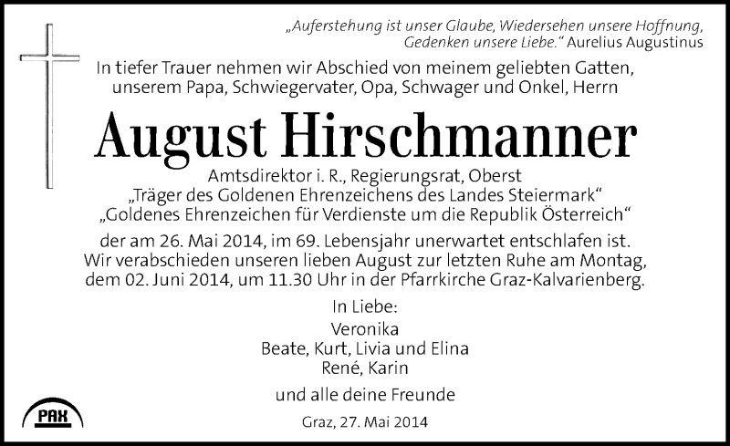  Traueranzeige für August Hirschmanner vom 31.05.2014 aus Kleine Zeitung