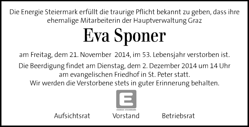  Traueranzeige für Eva Sponer vom 27.11.2014 aus Kleine Zeitung