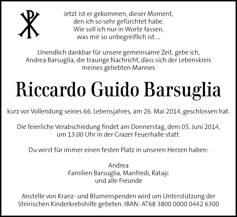  Traueranzeige für Riccardo Guido Barsuglia vom 03.06.2014 aus Kleine Zeitung