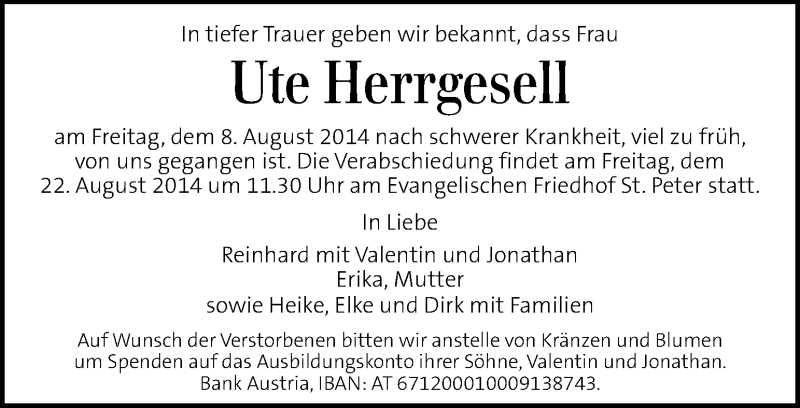  Traueranzeige für Ute Herrgesell vom 15.08.2014 aus Kleine Zeitung