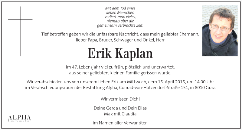  Traueranzeige für Erik Kaplan vom 10.04.2015 aus Kleine Zeitung