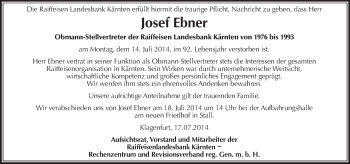 Traueranzeige von Josef Ebner von Kleine Zeitung