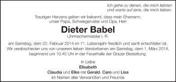 Traueranzeige von Dieter Babel von Kleine Zeitung