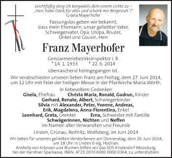 Traueranzeige von Franz Mayerhofer von Kleine Zeitung