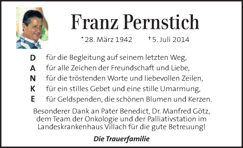  Traueranzeige für Adolf Pernstich vom 16.07.2014 aus Kleine Zeitung