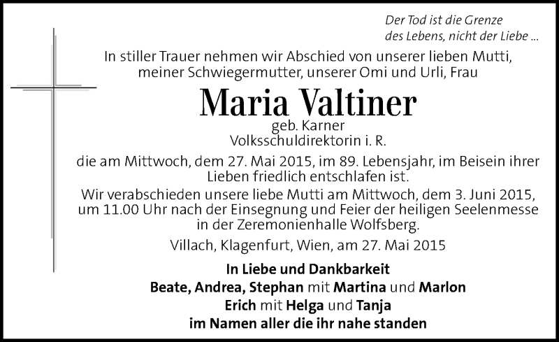  Traueranzeige für Maria Valtiner vom 30.05.2015 aus Kleine Zeitung