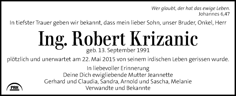  Traueranzeige für Robert Krizanic vom 29.05.2015 aus Kleine Zeitung