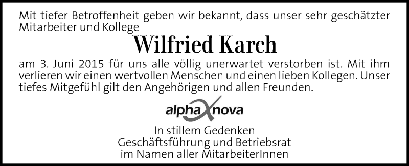  Traueranzeige für Wilfried Karch vom 07.06.2015 aus Kleine Zeitung