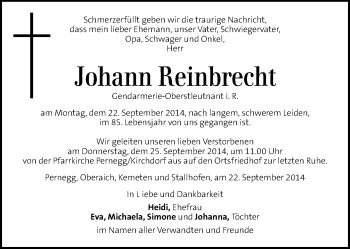 Traueranzeige von Johann Reinbrecht von Kleine Zeitung