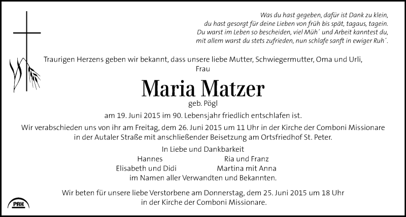  Traueranzeige für Maria Matzer vom 24.06.2015 aus Kleine Zeitung