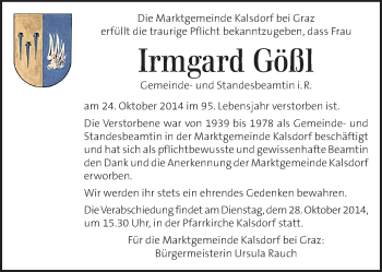 Traueranzeige von Irmgard Gößl von Kleine Zeitung
