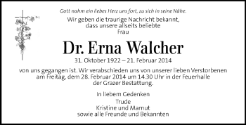 Traueranzeige von Erna Walcher von Kleine Zeitung