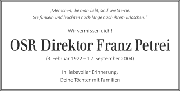 Traueranzeige von Franz Petrei von Kleine Zeitung