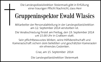 Traueranzeige von Ewald Wlasics von Kleine Zeitung