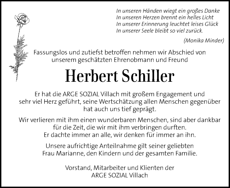  Traueranzeige für Herbert Schiller vom 22.11.2014 aus Kleine Zeitung