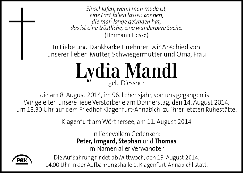  Traueranzeige für Lydia Mandl vom 12.08.2014 aus Kleine Zeitung