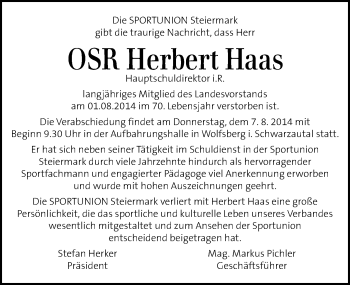 Traueranzeige von Herbert Haas von Kleine Zeitung