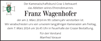 Traueranzeige von Franz Wagenhofer von Kleine Zeitung