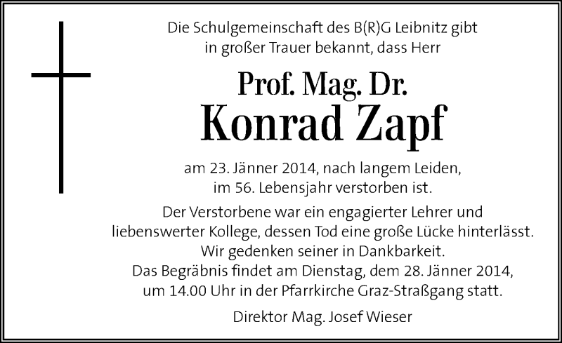  Traueranzeige für Konrad Zapf vom 26.01.2014 aus Kleine Zeitung