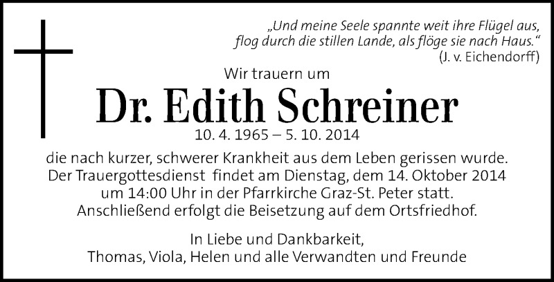  Traueranzeige für Edith Schreiner vom 09.10.2014 aus Kleine Zeitung