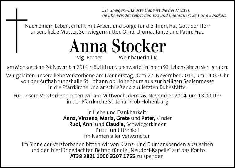  Traueranzeige für Anna Stocker vom 26.11.2014 aus Kleine Zeitung